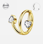 Piercing dublu tip inel din Titan ASTM F136 placat auriu, cu inimioare zirconia – clicker, design modern & romantic