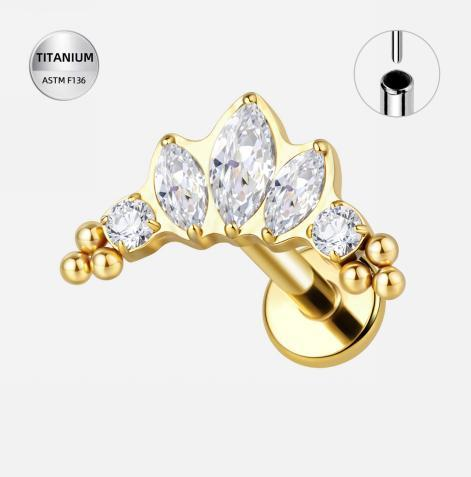 E88 Piercing Labret din Titan ASTM F136 Auriu cu Cristale Marquise și Accente Sferice – Design Elegant Modern - imagine 1