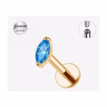 Piercing Labret Titan ASTM F136 Auriu, cu Piatra Marquise Albastru