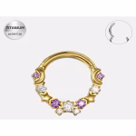 Piercing Inel Septum/Daith, Titan ASTM F136 Auriu, cu Pietre Mov & Clear – 1.2 × 8 mm