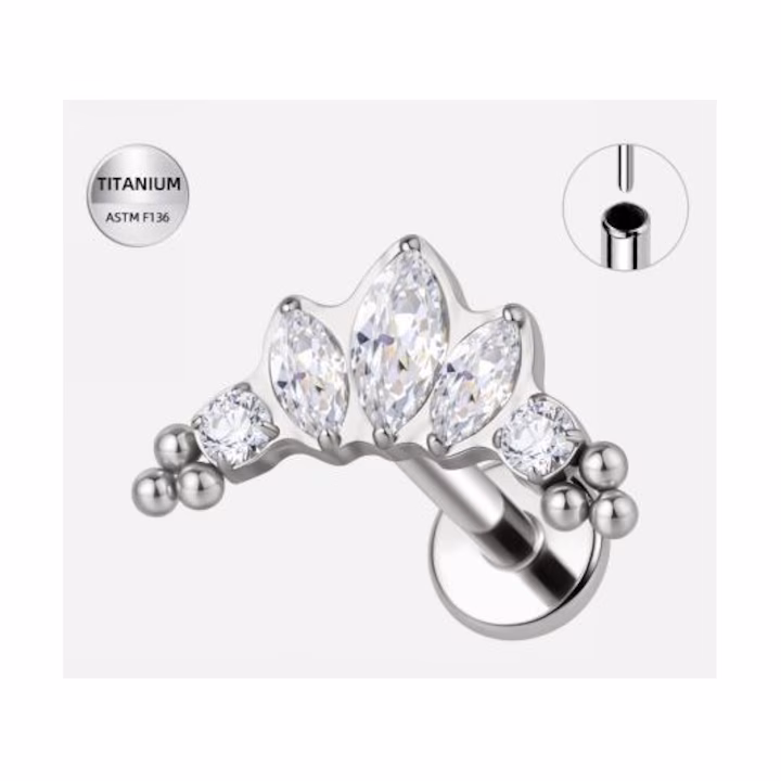 L103 Piercing labret argintiu din titan cu cristale marquise si detalii metalice – 1.2 × 8 mm - imagine 1