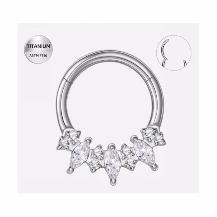 OL Piercing inel argintiu din titan cu cristale marquise si rotunde – 1.2 × 8 mm - imagine 1