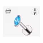 Piercing labret albastru din titan cu piatra marquise – 1.2 × 8 mm