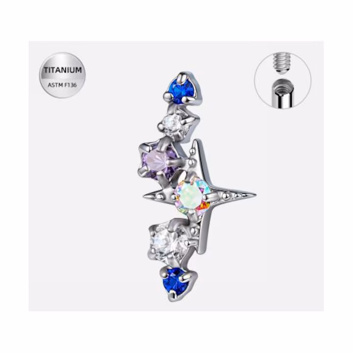 R10 Piercing labret argintiu din titan cu stele si cristale colorate– 1.2 × 8 mm - imagine 1