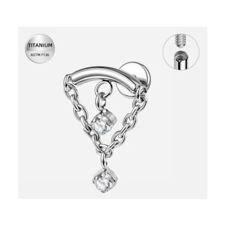 Ț122 Piercing labret argintiu din titan cu lanturi si cristale – 1.2 × 8 mm - imagine 1
