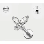 Piercing labret argintiu din titan cu fluture din cristale– 1.2 × 8 mm