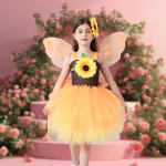 Costum serbare fete, Zana Vara, rochie cu fusta din tulle galben, bentita cu floarea-soarelui - imagine 4