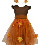 Costum serbare Zana Toamnei pentru Fetite – Rochita Eleganta cu Frunze de Toamna si Coronita