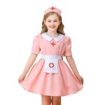Costumatie fete Asistenata Roz, rochie cu sortulet si boneta - imagine 2