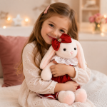 Iepuras de Plus Elegant cu Rochita Rosie si Fundita – Jucarie Moale pentru Copii, 50 cm - imagine 4