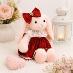 Iepuras de Plus Elegant cu Rochita Rosie si Fundita – Jucarie Moale pentru Copii, 50 cm - imagine 2