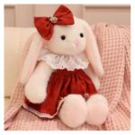 Iepuras de Plus Elegant cu Rochita Rosie si Fundita – Jucarie Moale pentru Copii, 50 cm - imagine 3