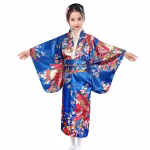 Costum Japonez Gheisa albastru cu rosu pentru Fete – Kimono Albastru cu Imprimeu Floral si Centura Obi