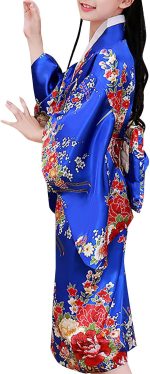 Costum Japonez Gheisa albastru cu rosu pentru Fete – Kimono Albastru cu Imprimeu Floral si Centura Obi - imagine 3