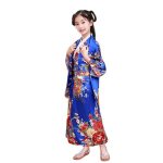 Costum Japonez Gheisa albastru cu rosu pentru Fete – Kimono Albastru cu Imprimeu Floral si Centura Obi - imagine 2