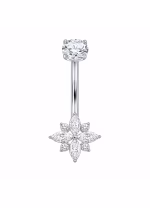 Piercing pentru buric din Titan ASTM F136, argintiu, cu cristale zirconia, model floare stelara– 1.6 × 10 mm