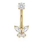 Piercing pentru buric din Titan ASTM F136, auriu, cu cristale zirconia, model fluturas elegant– 1.6 × 10 mm