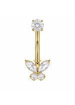 Piercing pentru buric din Titan ASTM F136, auriu, cu cristale zirconia, model fluturas elegant– 1.6 × 10 mm
