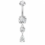 Piercing pentru buric din Titan ASTM F136, argintiu, cu cristale zirconia, model cascada cu picatura– 1.6 × 10 mm
