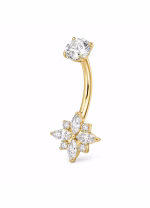 Piercing pentru buric din Titan ASTM F136, auriu, cu cristale zirconia, model floare stelara– 1.6 × 10 mm