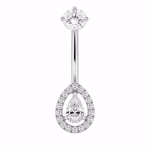 Piercing pentru buric din Titan ASTM F136, argintiu, cu cristale zirconia, model picatura eleganta – 1.6 × 10 mm