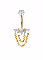 Piercing pentru buric din Titan ASTM F136, auriu, cu cristale zirconia si lanturi decorative, model regal– 1.6 × 10 mm