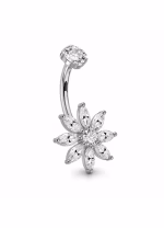 Piercing pentru buric din Titan ASTM F136, argintiu, cu cristale zirconia, model floare stralucitoare– 1.6 × 10 mm - imagine 3