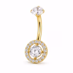 Piercing pentru buric din Titan ASTM F136, auriu cu cristale zirconia, model cerc stralucitor elegant – 1.6 × 10 mm