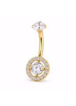 Piercing pentru buric din Titan ASTM F136, auriu cu cristale zirconia, model cerc stralucitor elegant – 1.6 × 10 mm