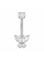 Piercing pentru buric din Titan ASTM F136, argintiu, cu cristale zirconia, model fluturas elegant– 1.6 × 10 mm