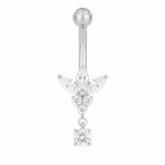 Piercing pentru buric din Titan ASTM F136, argintiu, cu cristale zirconia, model floare elegant cu pandantiv– 1.6 × 10 mm