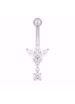 Piercing pentru buric din Titan ASTM F136, argintiu, cu cristale zirconia, model floare elegant cu pandantiv– 1.6 × 10 mm
