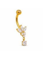 Piercing pentru buric din Titan ASTM F136, auriu, cu cristale zirconia, model floare elegant cu pandantiv– 1.6 × 10 mm - imagine 4