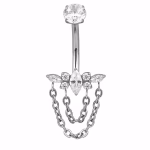 Piercing pentru buric din Titan ASTM F136, argintiu, cu cristale zirconia si lanturi decorative, model regal– 1.6 × 10 mm