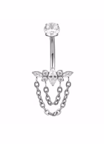 Piercing pentru buric din Titan ASTM F136, argintiu, cu cristale zirconia si lanturi decorative, model regal– 1.6 × 10 mm
