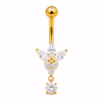 Piercing pentru buric din Titan ASTM F136, auriu, cu cristale zirconia, model floare elegant cu pandantiv– 1.6 × 10 mm