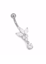 Piercing pentru buric din Titan ASTM F136, argintiu, cu cristale zirconia, model floare elegant cu pandantiv– 1.6 × 10 mm - imagine 4