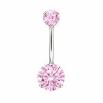 Piercing pentru buric din Titan ASTM F136, argintiu, cu cristale zirconia roz, model dublu cristal– 1.6 × 10 mm