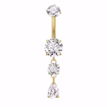 Piercing pentru buric din Titan ASTM F136, auriu, cu cristale zirconia, model cascada cu picatura– 1.6 × 10 mm