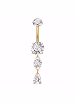 Piercing pentru buric din Titan ASTM F136, auriu, cu cristale zirconia, model cascada cu picatura– 1.6 × 10 mm