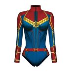 Costum Captain Marvel Femei, Body Supereroina Rosu-Albastru cu Stea Aurie si Maneci Lungi - imagine 4