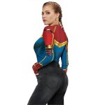 Costum Captain Marvel Femei, Body Supereroina Rosu-Albastru cu Stea Aurie si Maneci Lungi - imagine 3