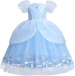 Rochie Cenusareasa pentru Fetite, Costum Printesa Disney, Albastru cu Sclipici si Maneci Bufante