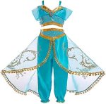 Costum Printesa Jasmine, turcoaz cu paiete aurii, set pentru fete