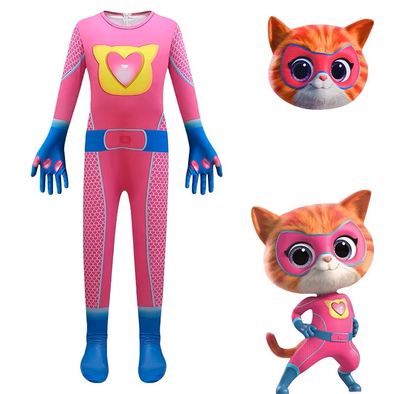 SK4 Costum SuperKitties Bitsy pentru Copii, Roz si Albastru, Salopeta cu Masca de Pisicuta - imagine 1