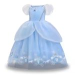 Rochie Cenusareasa pentru Fetite, Costum Printesa Disney, Albastru cu Sclipici si Maneci Bufante - imagine 6