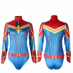 Costum Captain Marvel Femei, Body Supereroina Rosu-Albastru cu Stea Aurie si Maneci Lungi
