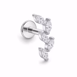 Piercing din Titan ASTM F136 Auriu cu Design Frunze si Zirconii, Argintiu– 1, 2 x 8 mm