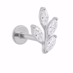 Piercing din Titan ASTM F136 cu Design Frunza si Zirconii Marquise, Argintiu– 1, 2 x 8 mm