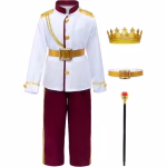 Costum Print Regal pentru Copii, Uniforma Alba cu Pantaloni Visinii, Coroana, Sceptru si Centura